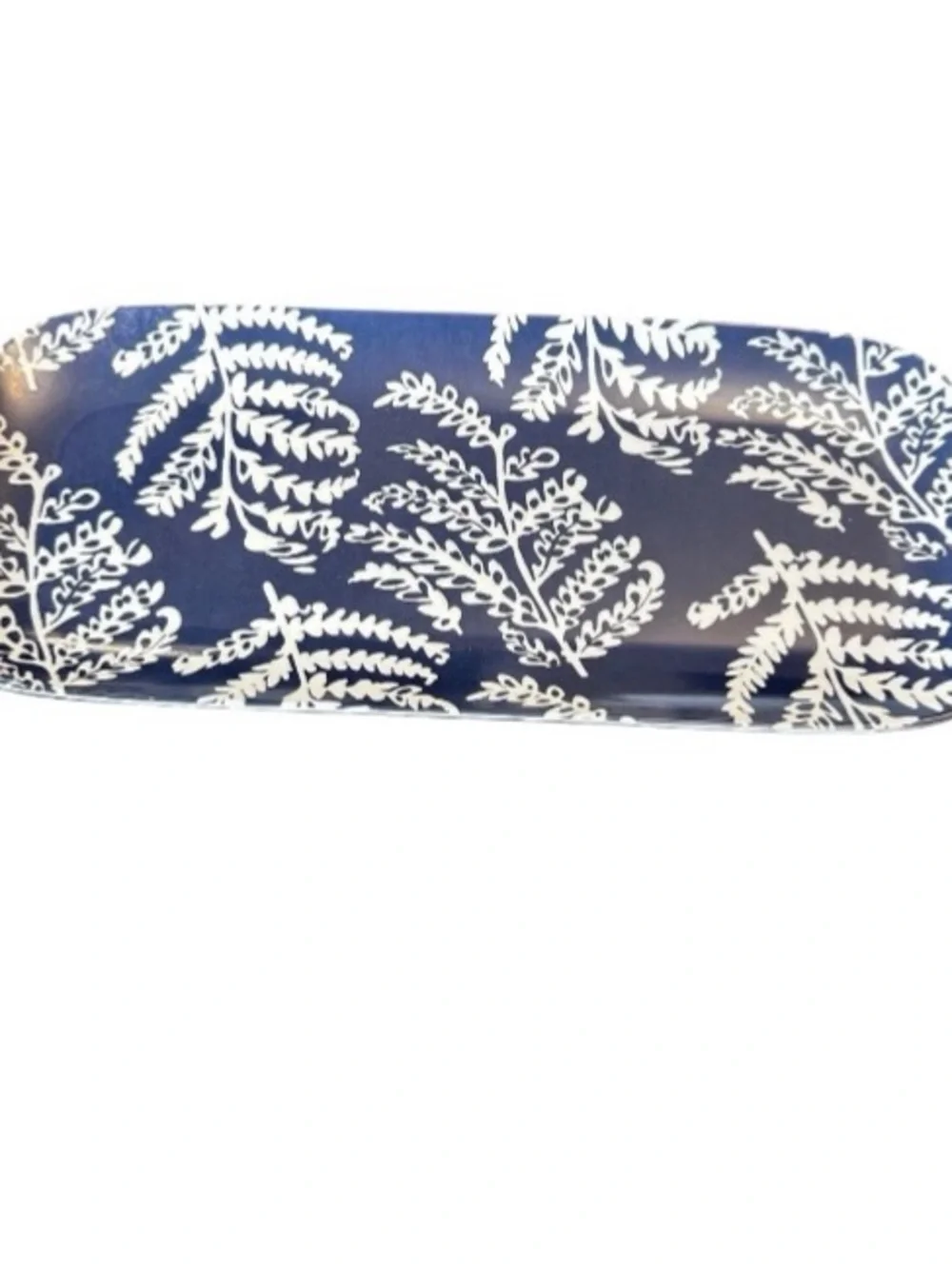 14” Melamine Serving Platter Navy Blue & White Botanical Fern Design Nautical